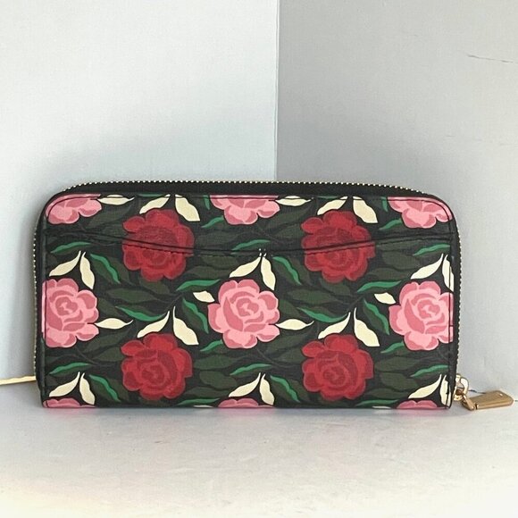 Kate Spade Morgan Large Floral Wallet Womens Black Pink Roses Continental Zip - Picture 2 of 9